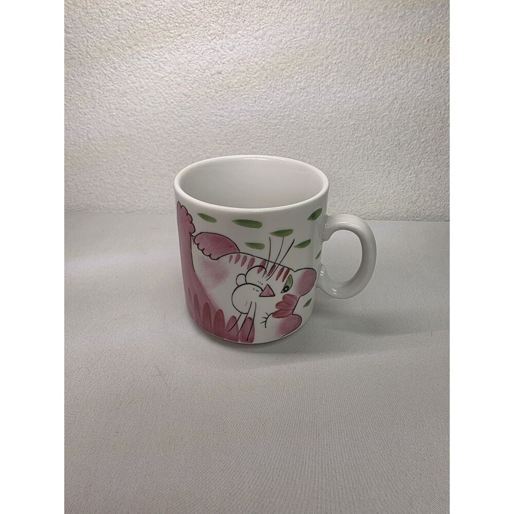 Hand Painted Porcelain Mug With Pink Cat And Blue Bird By KN Unique Tea Coffee